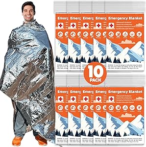 10 Pack Emergency Thermal Blanket Survival, Mylar Blankets for Outdoor, Space Blanket, Silver Foil Blanket, Survival Kit Camping Blanket, Body Warmer Blanket, First Aid, Hiking 84” x 52”