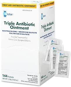 Globe (144 Pack) Triple Antibiotic Ointment 0.9g Single Packet, First Aid Kit for Minor Scratches, Wounds, Cuts and Burns, Prevents Infection Active Ingredients Compare to Leading Brand, Travel Size