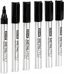 ZEYAR Permanent Markers, Chisel Tip Medium Point, Waterproof & Smear Proof ink, Aluminum Barrel Markers, Quick Drying (6 Black Color)